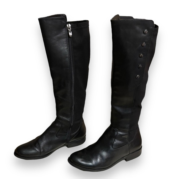 TAHARI Black Leather & Stretch Panel Brady Knee Boots Side Button Detail - Picture 2 of 11